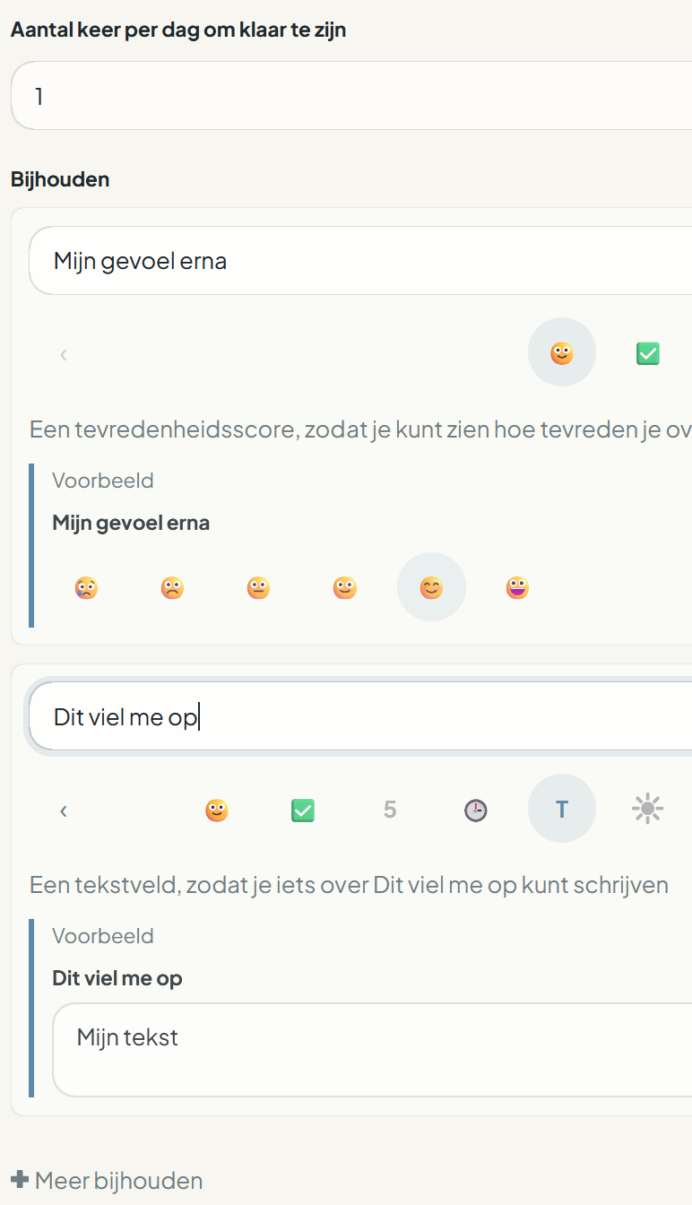 Een voornemen toevoegen in App-gedrag: Mijn gevoel erna. Type smiley. Dit viel me op. Type Text.