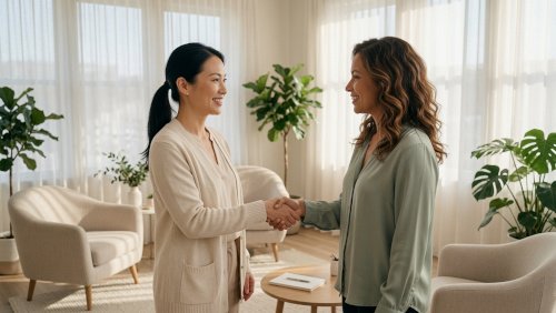 Coach and client shaking hands